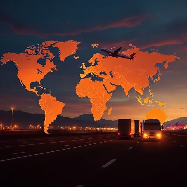 Global logistics network with world map and transportation modes