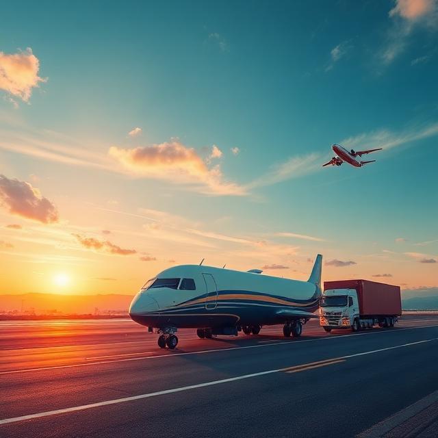 Integrated logistics solution with aircraft and truck at sunset airport