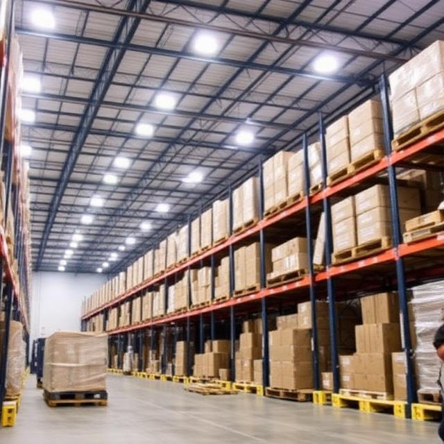 Large warehouse facility with shelving and packages